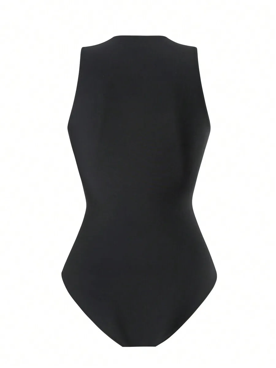 Women’s Black Zip Front One-Piece Swimsuit | Athletic Slimming Bathing Suit for Beach & Pool