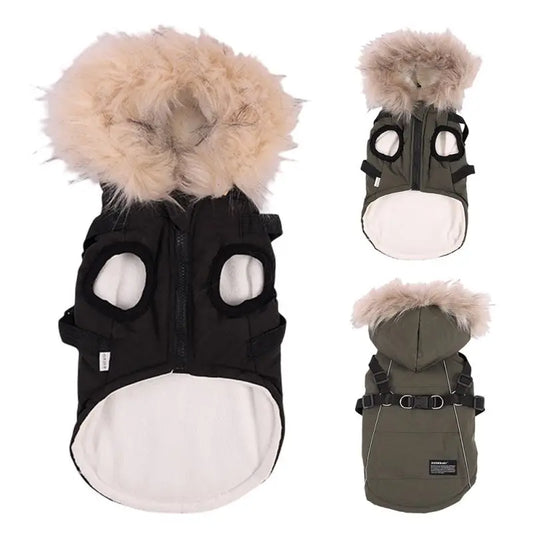Luxury Hooded Pet Winter Jacket with Built-In Harness