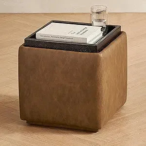 Luna Round Ottoman with Storage and Tray, Round Coffee Table with Storage, Upholstered Foot Stools Ottoman for Living Room, Bed