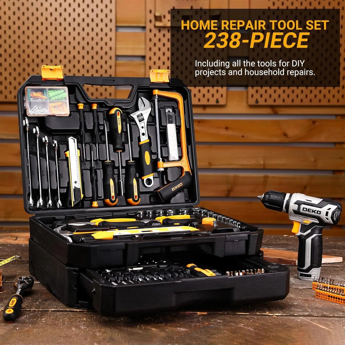 DEKO Home Mechanic Toolbox with 12V Power Cordless Drill Hand Repair Tools Sets Combo Kits Storage Organizer Drawer Case