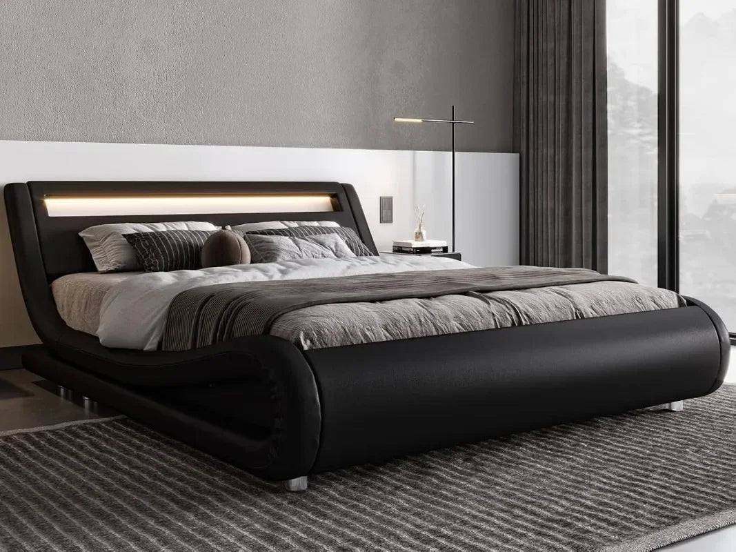 Queen Size Upholstered Platform Bed with Adjustable LED Headboard