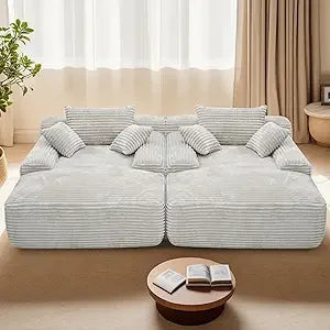 Boneless Couch Deep Seat with 3 Pillows,67" Oversized Chaise Lounge Recliner Chair,Cloud Plush Corduroy Comfy Memory Foam Cream