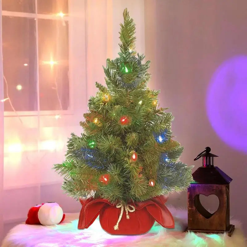 Pre-Lit Artificial Pine Christmas Tree . 60cm Mini Tabletop Christmas Tree with Warm LED Lights & Burlap Base