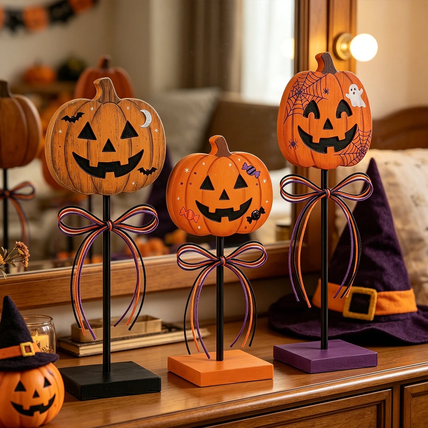 3-Piece Halloween Jack-O’-Lantern Tabletop Décor Set. Rustic Pumpkin Metal Stand Decorations for Fall & Halloween Home Déco