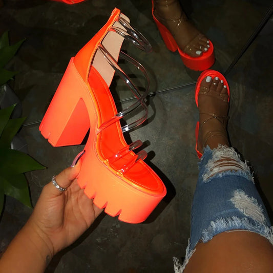 Women’s Asymmetrical Clear Strap Block Heel Sandals .Statement Open Toe Fashion Heels