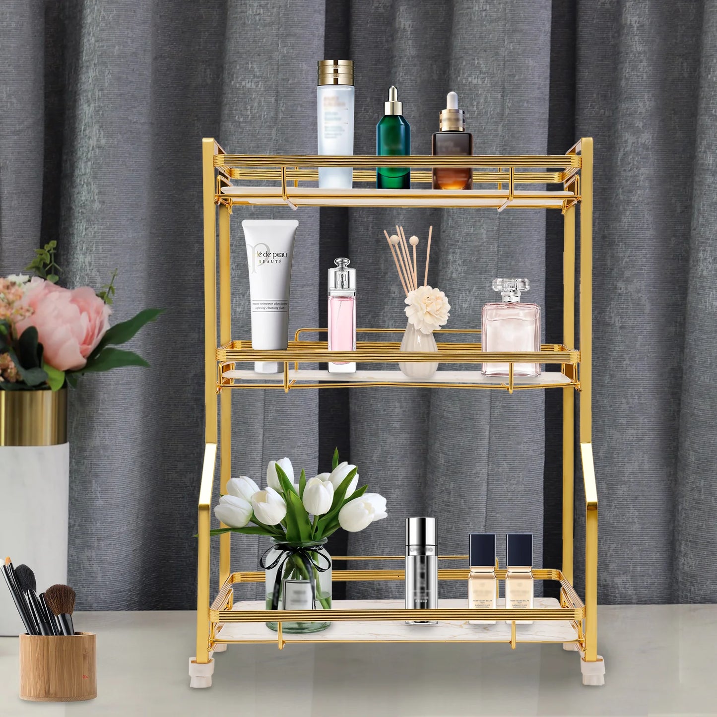 3 Tier Bathroom Countertop Organizer, Gold Bathroom Vanity Counter Organizer with Small Storage Basket for Skincare Makeup