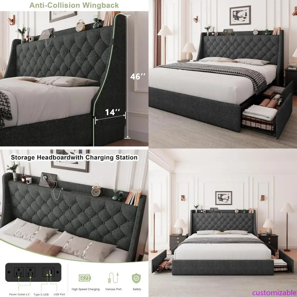 "king-size upholstered bed with 4 storage drawers, tufted wingback headboard and built-in charging station"