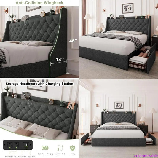 "king-size upholstered bed with 4 storage drawers, tufted wingback headboard and built-in charging station"