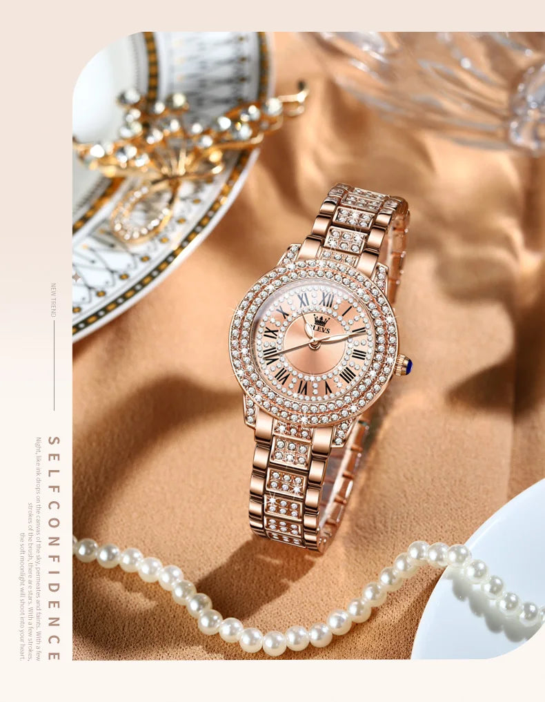 OLEVS Luxury Women’s Waterproof Chronograph Watch. Rose Gold Crystal Fashion Timepiece