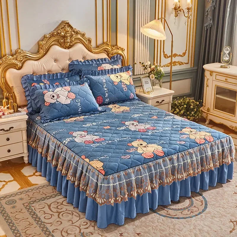 Luxury European Velvet Quilted Bed Skirt Set