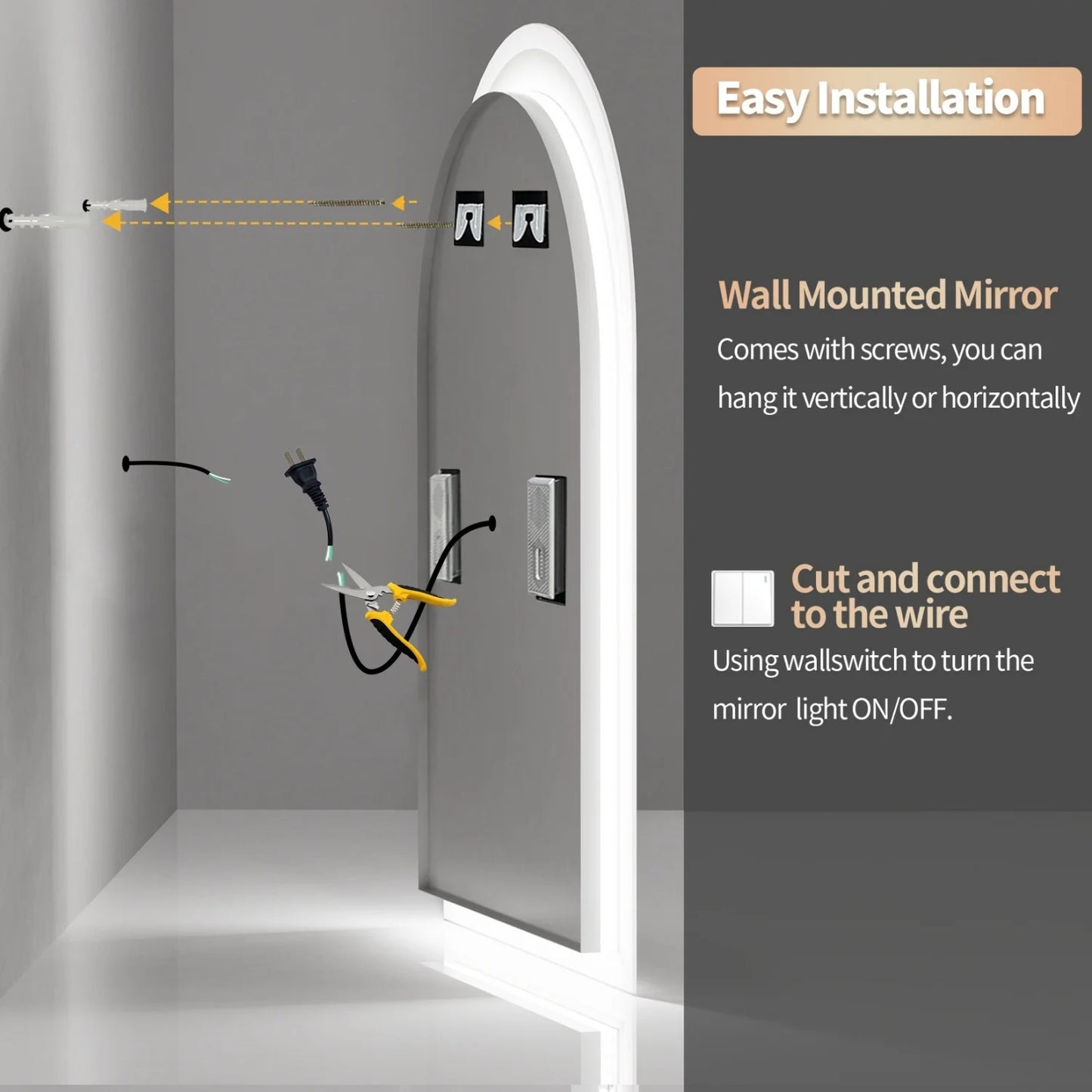 60x90CM Arched LED Mirror for Bathroom Backlight Wall Vanity Mirror w/ Bluetooth, Date and Time, Touch Antifog, Digital Display