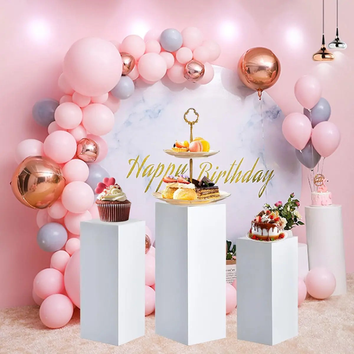 3-Piece White Square Metal Pedestal Stand Set  Elegant Cake, Dessert & Party Display Stands for Weddings, Birthdays & Events