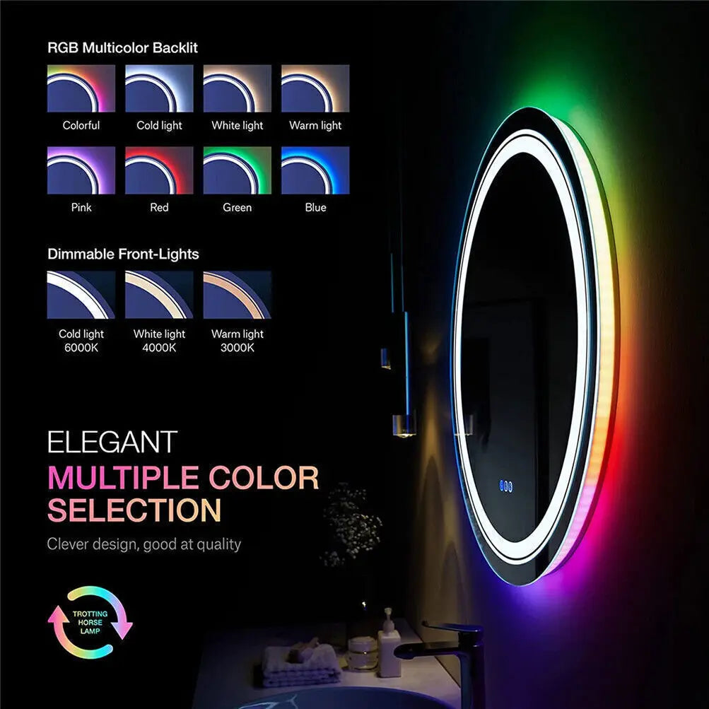 Round Bathroom Mirror with LED Light Dimmable Illuminated Wall Mirror with 8 RGB Backlit 3 Front Color Smart Anti-fog Memory