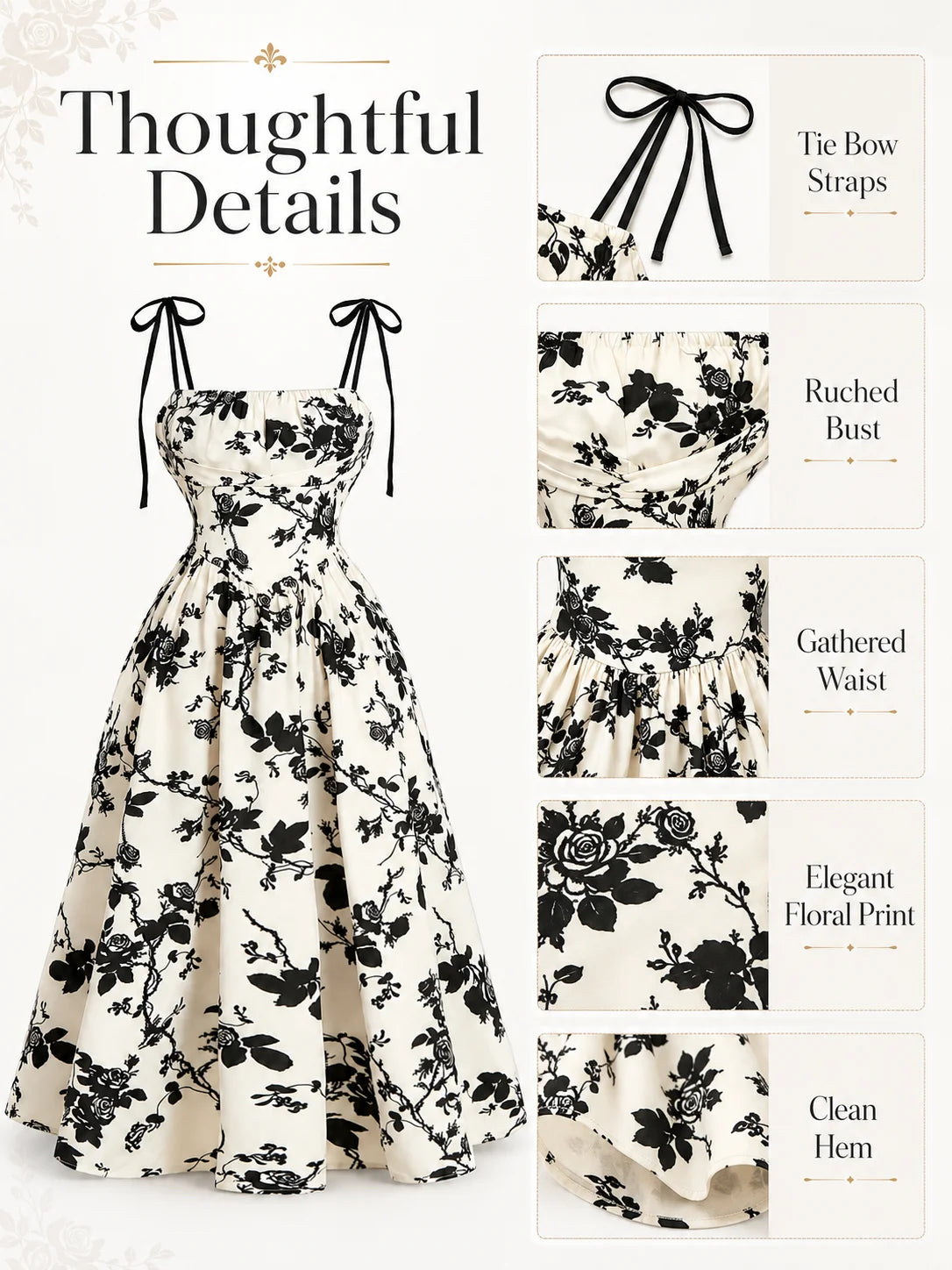 Women’s Floral Tie Shoulder Midi Dress | Square Neck Smocked Back A-Line Summer Sundress