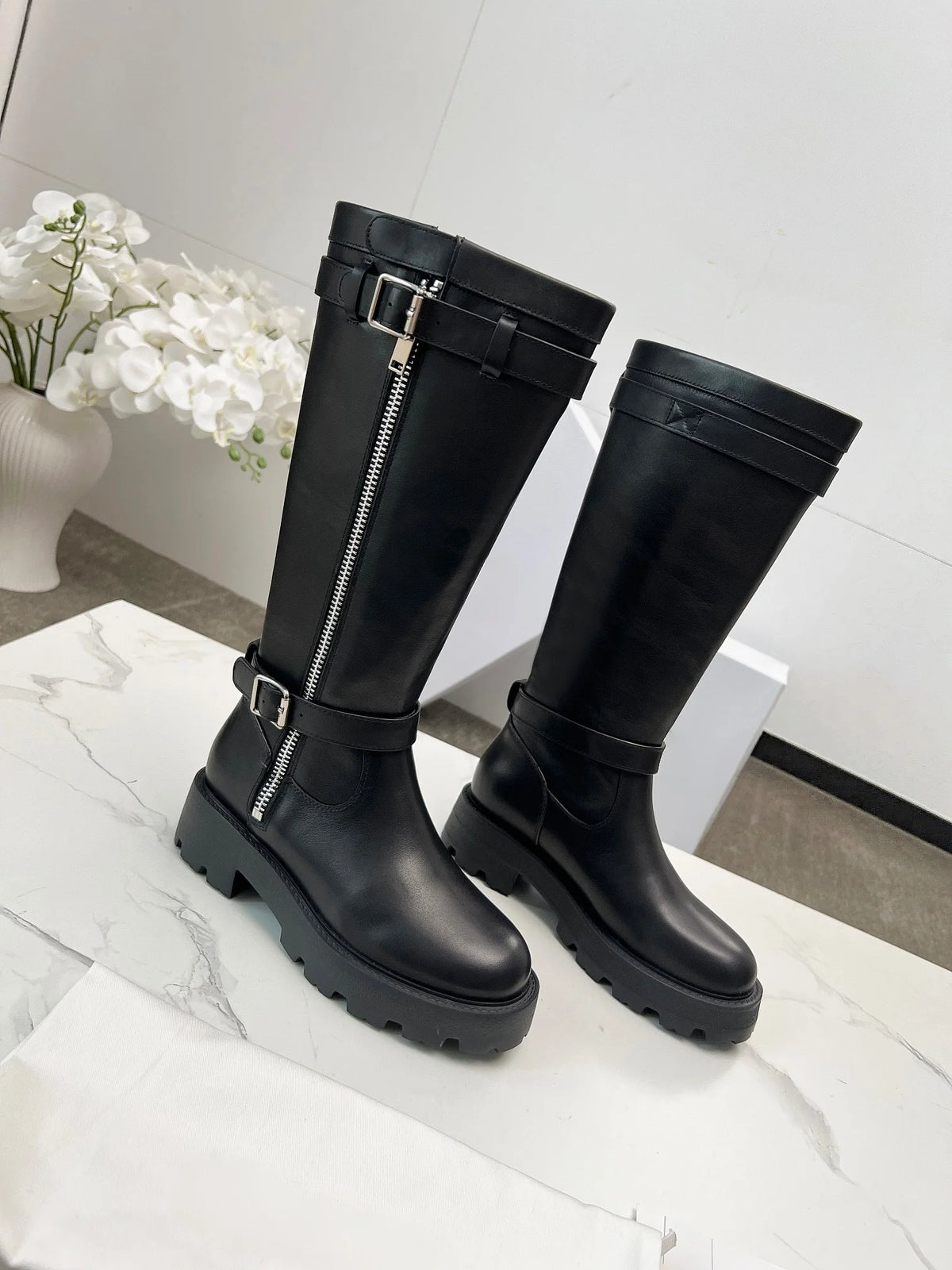 Women’s Multi-Buckle Knee-High Boots | Chunky Platform Side-Zip Boots