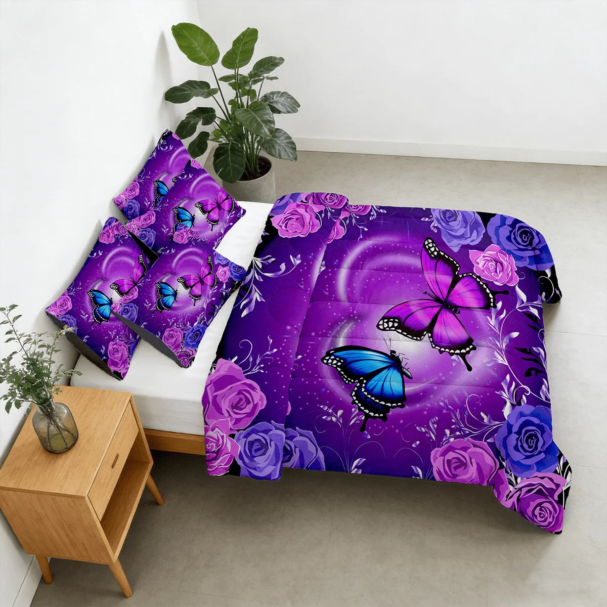 Purple Butterfly Floral Comforter Bedding Set