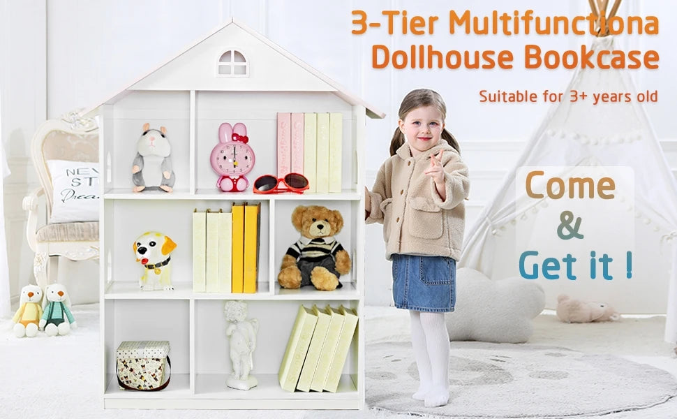 Wooden Dollhouse Bookshelf 4-Tier Children's Bookcase Display Storage Doll House Organizer Furniture for Kids Bedroom Playroom N