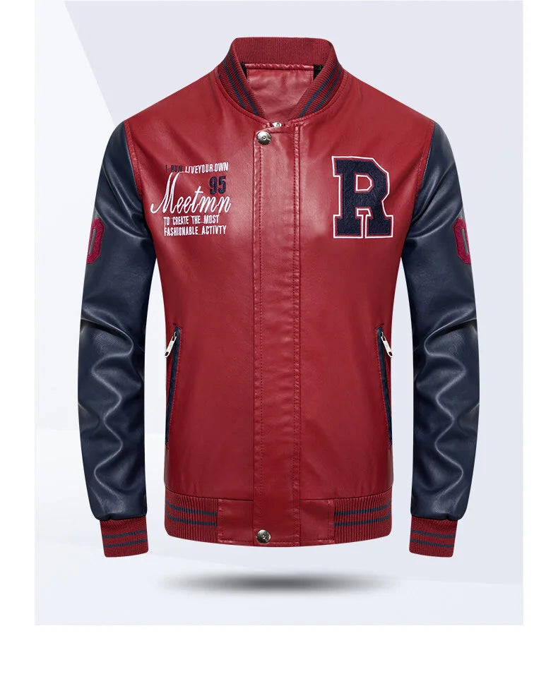 Spring and Autumn Men's Motorcycle Suit Leather jacket Color blocking American baseball collar pilot casual PU leather jacket