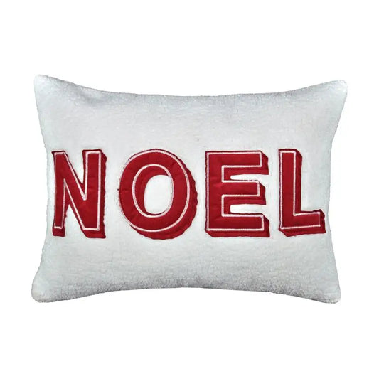 Noel Christmas Throw Pillow with Insert - 14x20 White Sherpa Cushion in Red & Ivory Accents for Holiday Decor