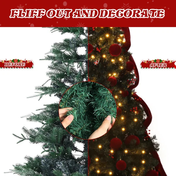 7.5 FT Pre-Lit Artificial Christmas Tree – 300 Warm White LED Lights with Red Ribbon, Holiday Home Décor & Metal Stand