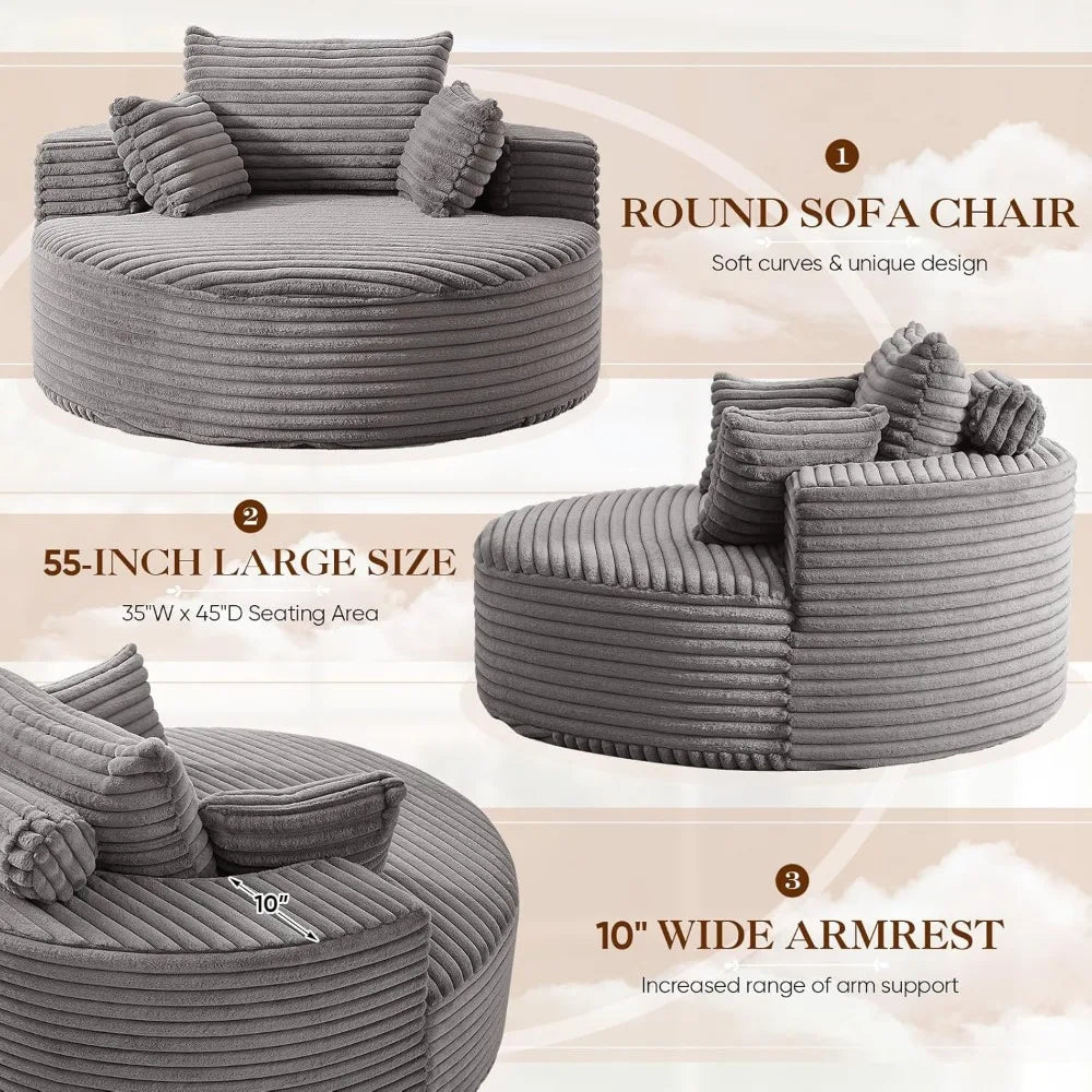 Oversized Round Chaise Longue Chair Indoor, Modern 55-inch Upholstered Corduroy Deep Seat Circle Single Cloud Lounge Floor Sofa