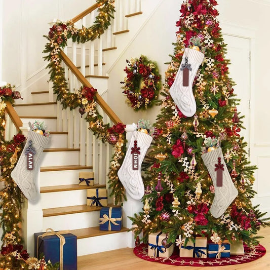XIMISHOP 4PCS Christmas Stockings, 18inch Large Personalized Cable Knitted Xmas Hanging Stocking Decorations with Name Tags for
