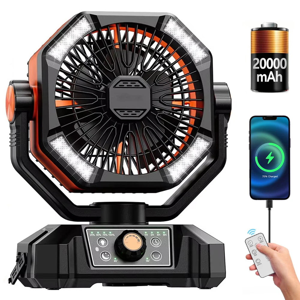 SKYTOO Rechargeable Camping Fan – 20,000mAh Portable Battery Fan with LED Lantern, Remote Control & Hanging Hook for Camping, RV, Tent & Emergency Use