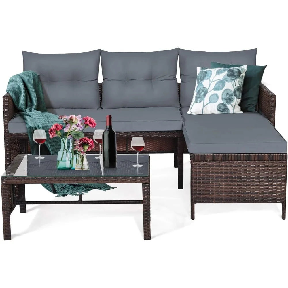 3 Pieces Outdoor Patio Conversation Set L Shape Rattan Wicker Sofa Set with Cushions and Coffee Table Garden Lawn Porch