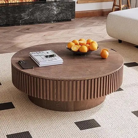 Round Coffee Table, Modern Black Side Table End Table for Living Room, Wood Circle Drum Coffee Table with Handcrafted Relief,