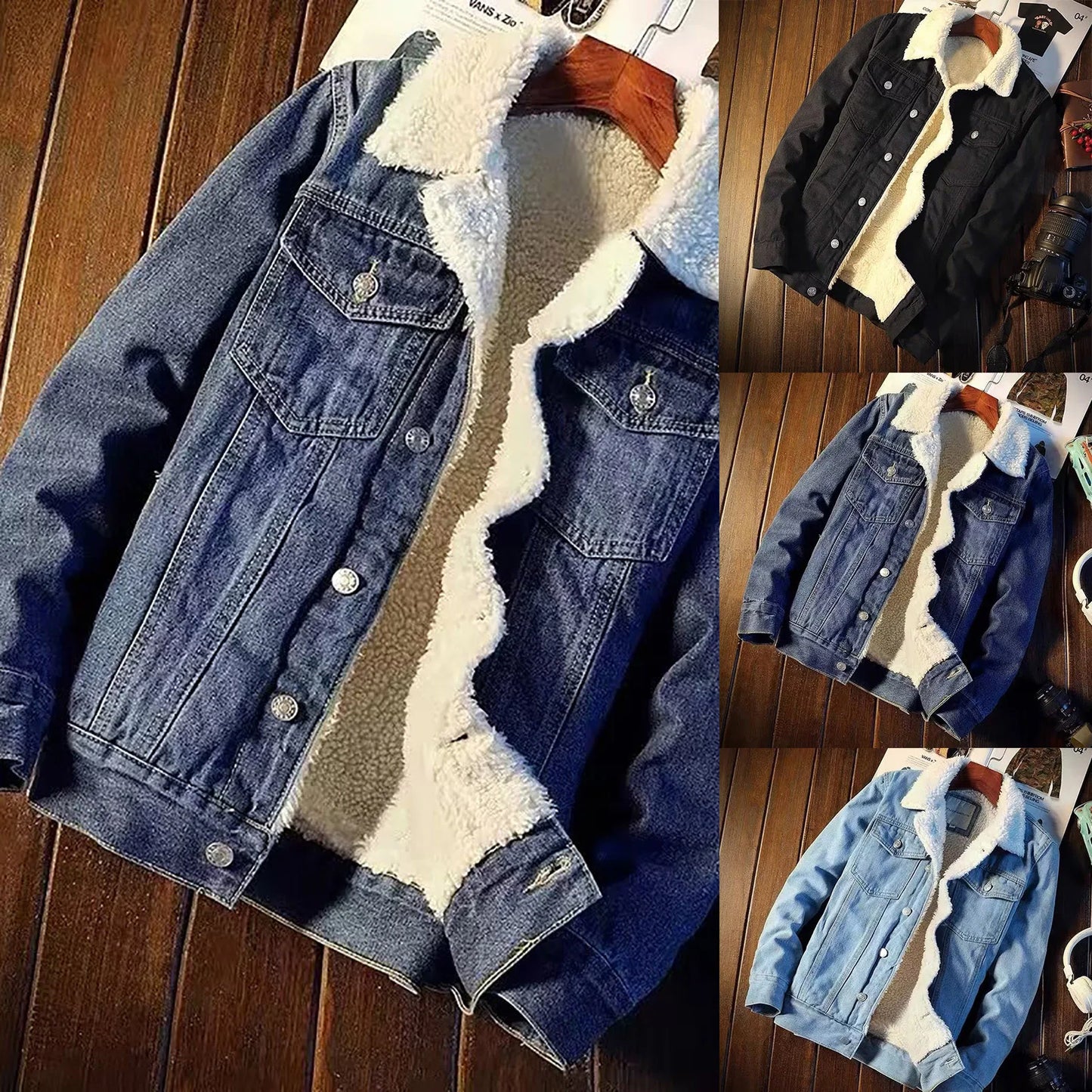 Vintage Sherpa Lined Men’s Trucker Jacket . Warm Casual Denim Coat for Everyday Comfort