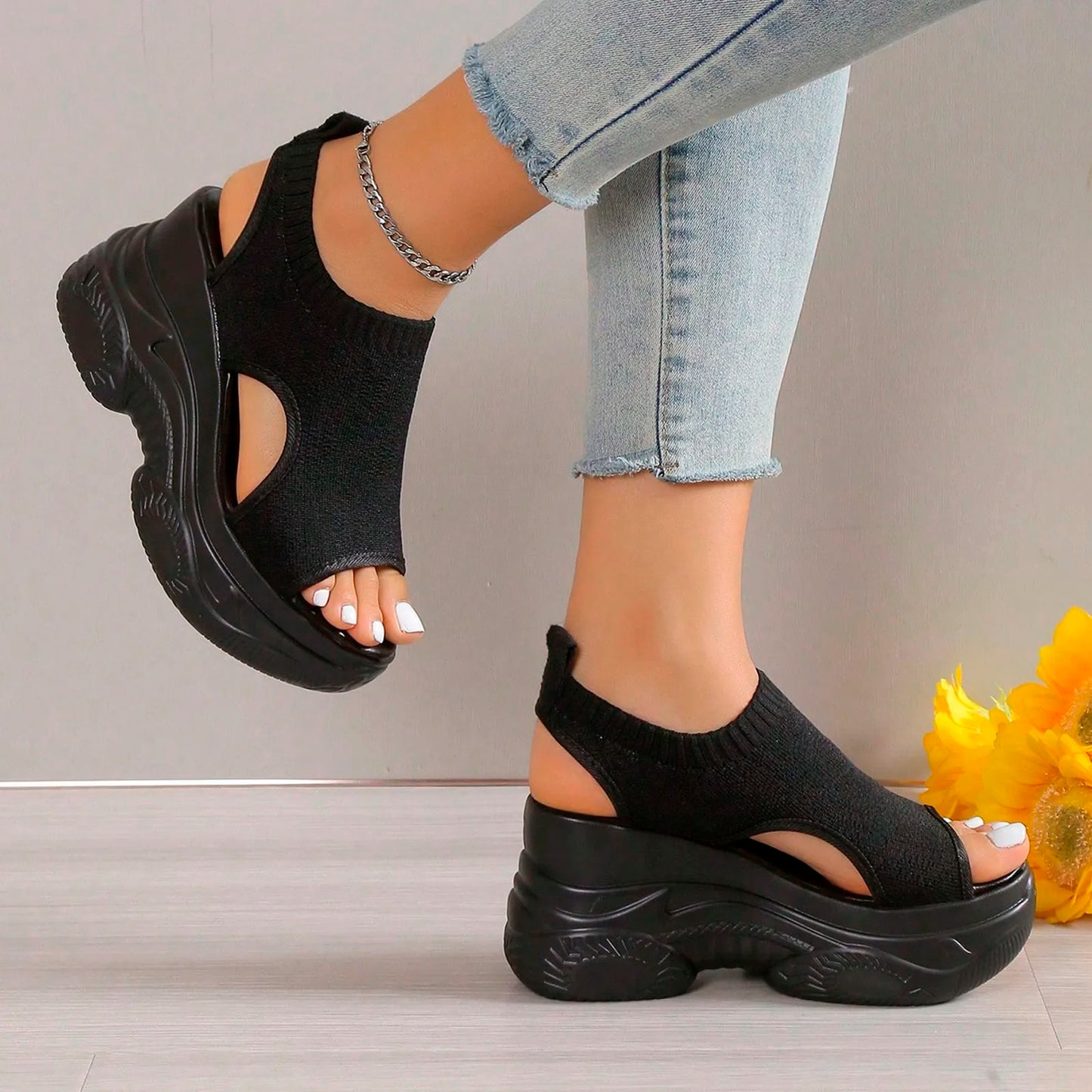 Thick Soled Sandals For Women Summer Mesh Breathable Peep Toe Sloping Heel Sandals Plus Size Sports Walking Mesh Flat Shoes