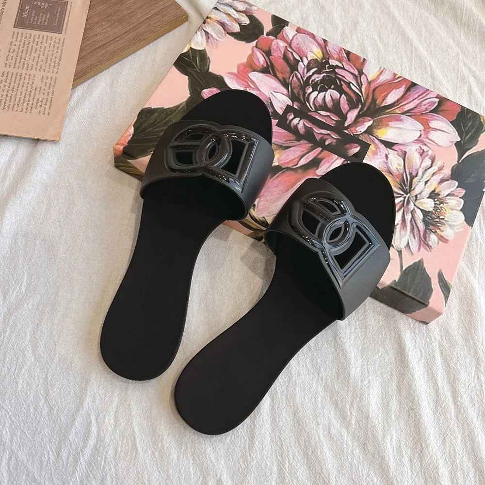 Women’s Genuine Leather Metal Accent Slide Sandals . European Style Luxury Slip On Flats.