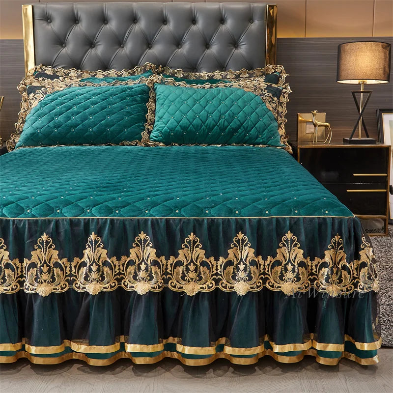 AIWINSURE-European Lace Velvet Bedspread Set, King Size, Queen Thickened Bed Cover, Soft Bed Skirt, Luxury, with 2 Pillowcases
