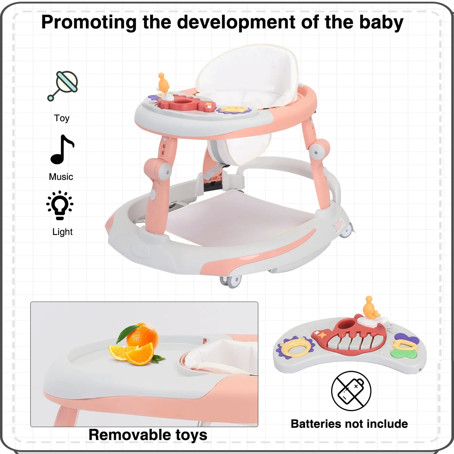 UBRAVOO Foldable Baby Walker with O-shaped legs & multi-function Rollover prevention, 6-18 Months, Adjustable Height, Music Toy