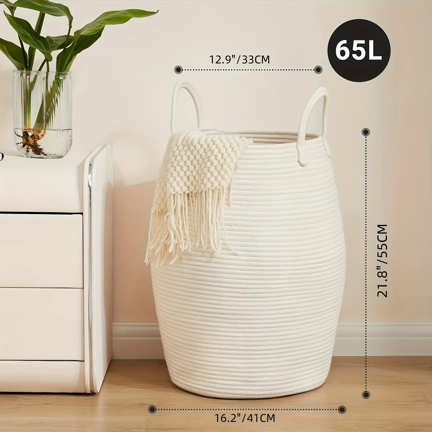 Foldable Boho Laundry Basket . 22” Tall Fabric Hamper with Handles for Clothes, Blankets & Toy Storage