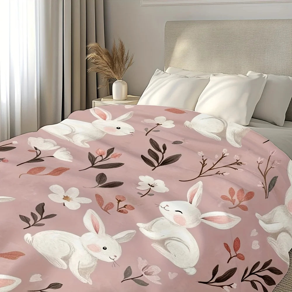 Cozy Easter Bunny Flannel Throw Blanket .Soft Pink Floral Rabbit Design for Couch & Bed