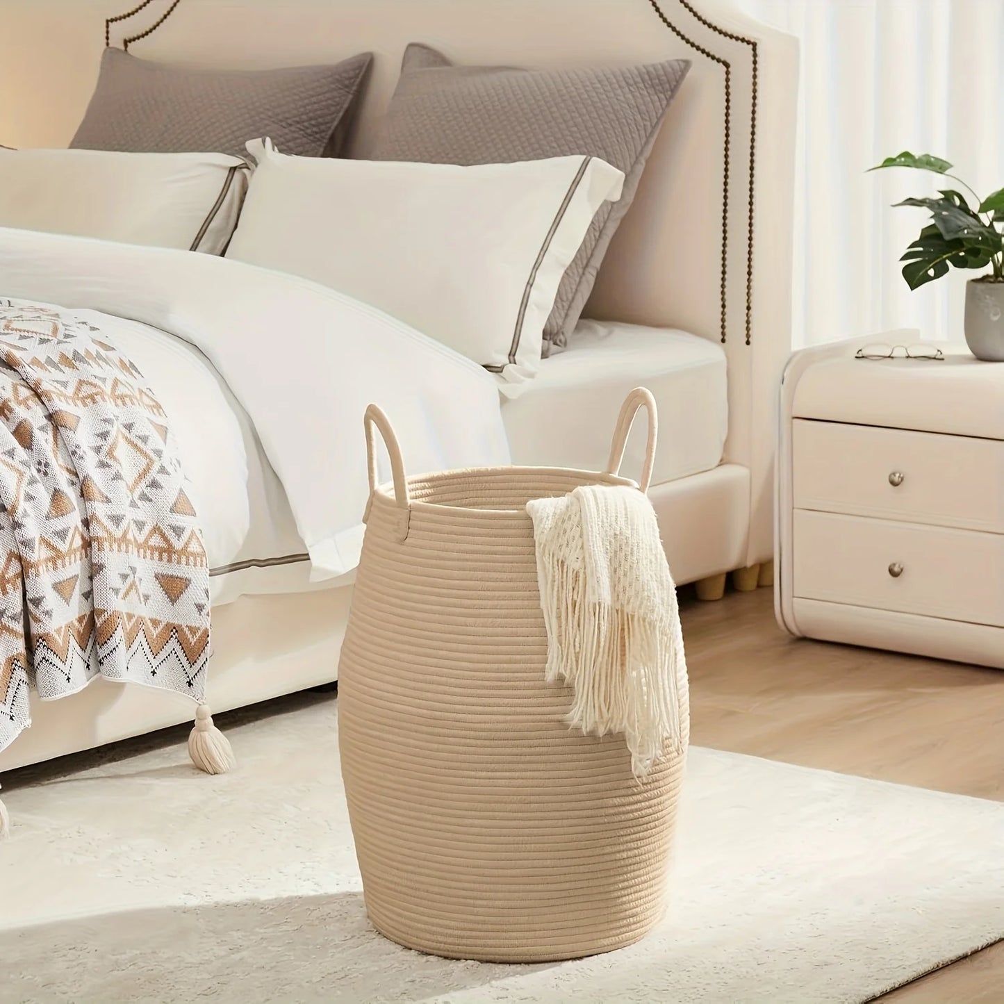 Foldable Boho Laundry Basket . 22” Tall Fabric Hamper with Handles for Clothes, Blankets & Toy Storage