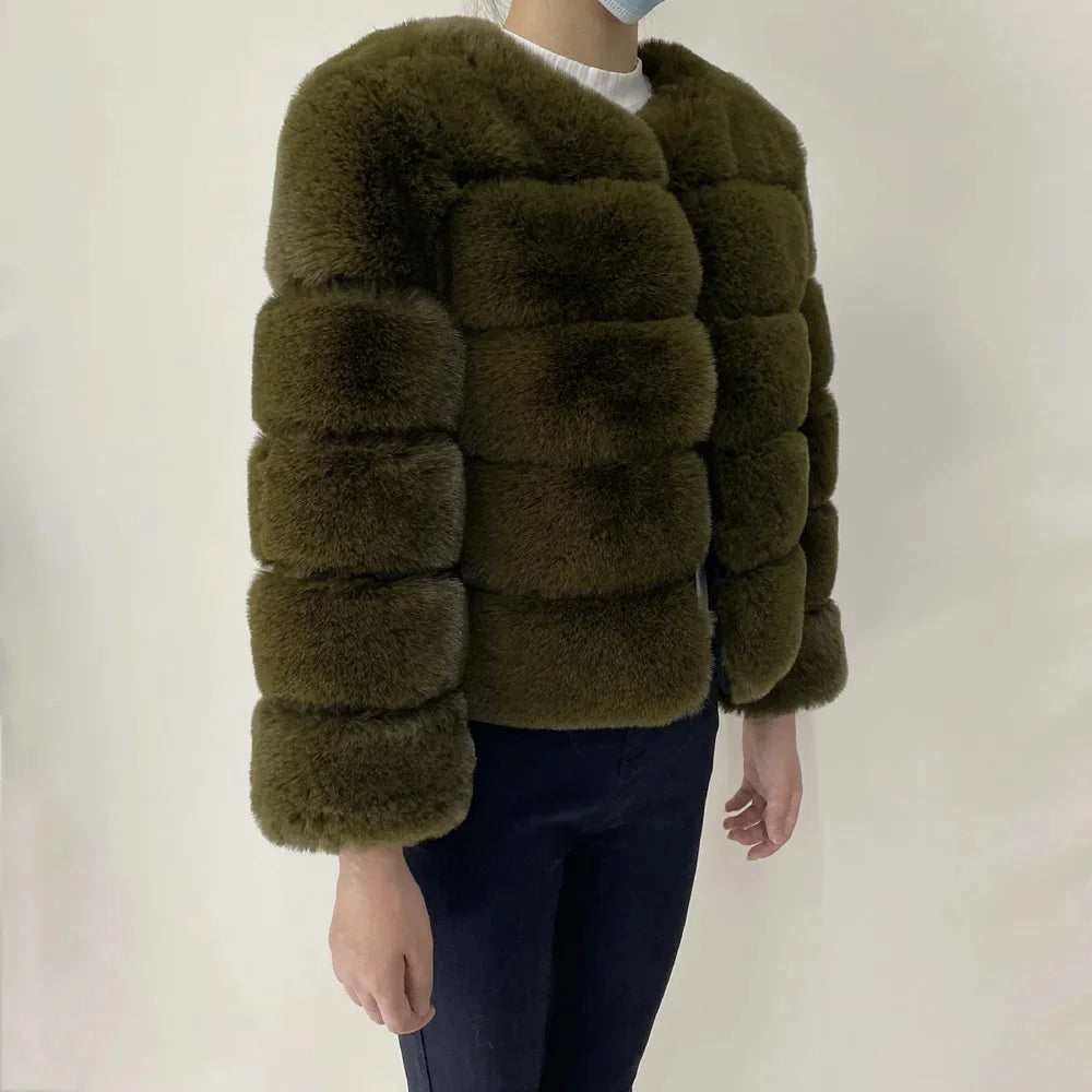 Women's Faux Fur Jacket . Plush Cropped Winter Coat with High Collar
