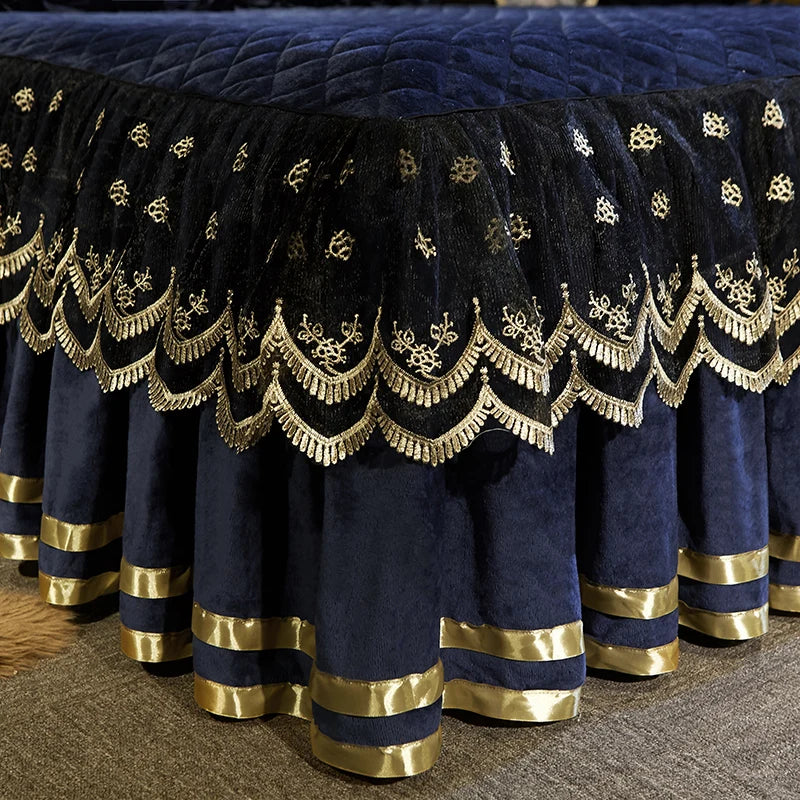 Luxury Dark Blue Quilted Lace Bedspread Set