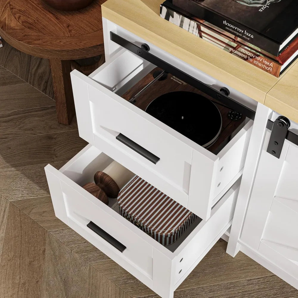 Farmhouse TV Stand for 100" TV, 94.5" Entertainment Center with Storage Drawers, Barn Doors and Cable Management, Media