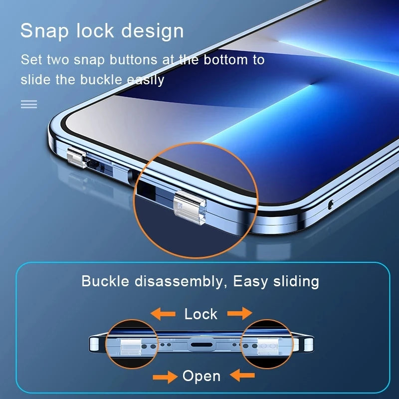 360 Full Protection Metal Magnetic Double Sided Glass Snap Lock Phone Case Shockproof Cover