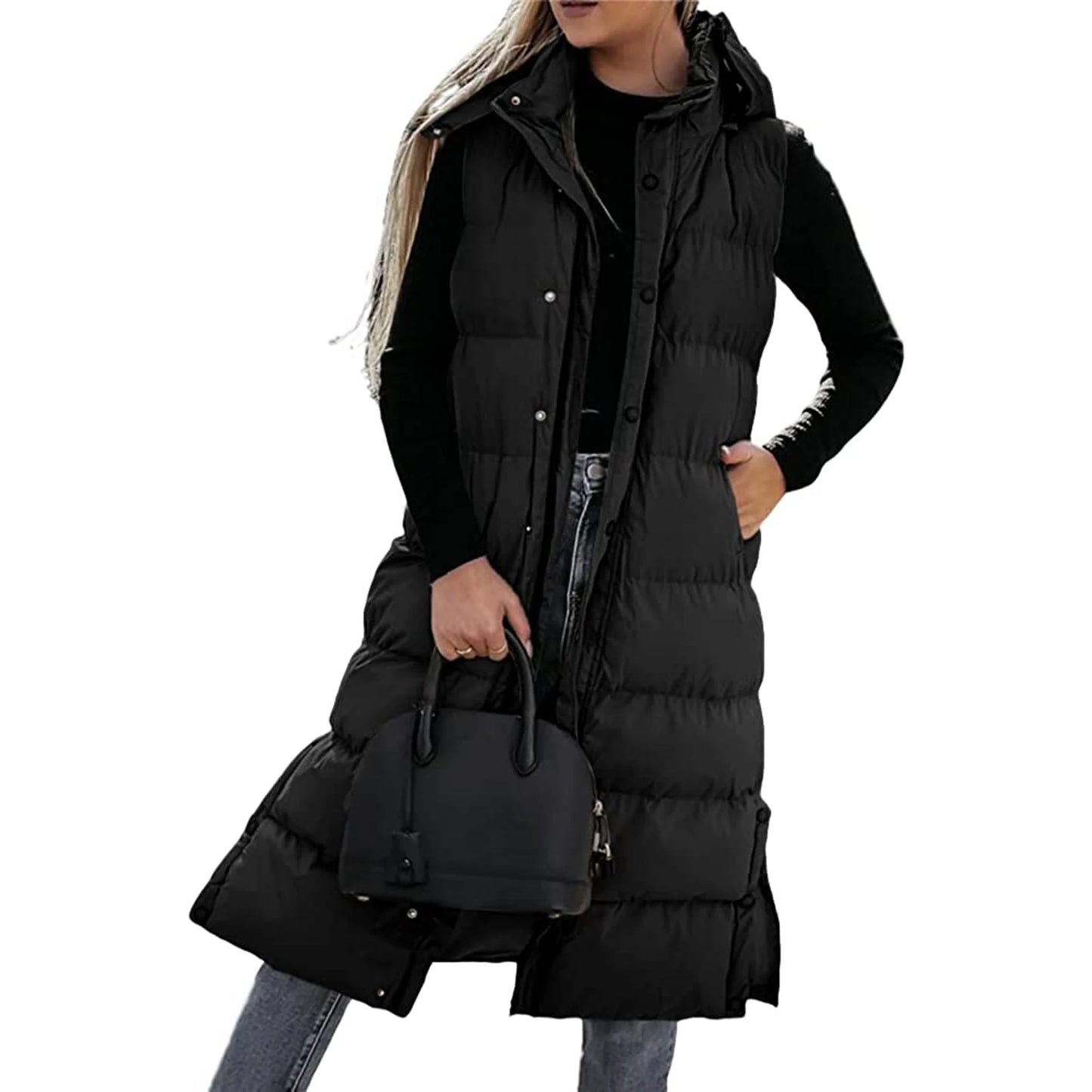 Women s Quilted Puffer Vest with Hood Sleeveless Zip-Up Winter Jacket Solid Color Warm Coat with Pockets for Cold Weather