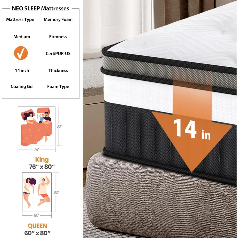 14in King Size Mattress, Cooling Memory Foam Mattress in a Box, Medium-Firm for Pressure Relief & Comfort Sleep, Fiberglass Free