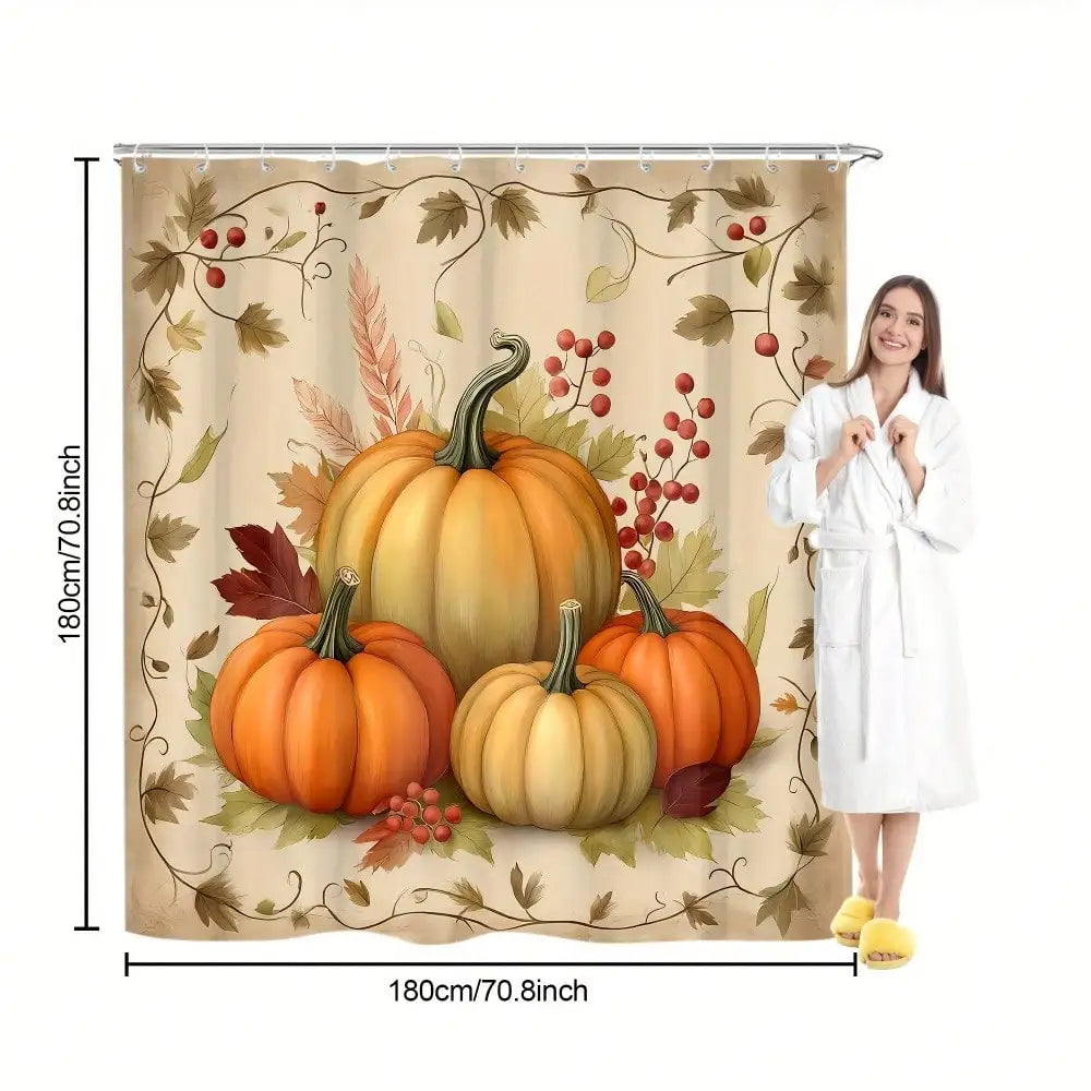 4-Piece Fall Pumpkin Shower Curtain Set – Thanksgiving Bathroom Décor with Bath Mat, Toilet Lid Cover & Rug