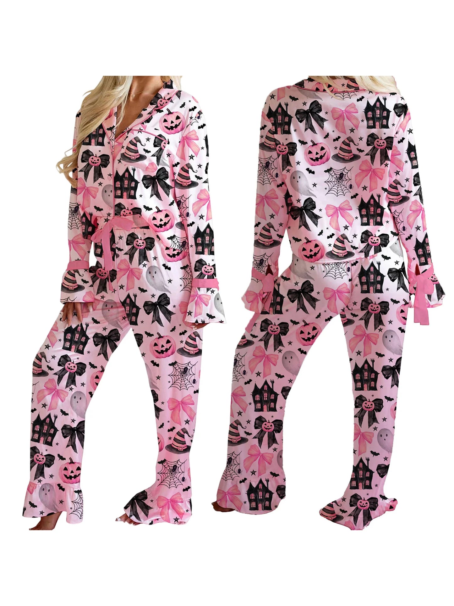 Women s Halloween Pajamas Set with Spooky Print Button Down Lapel V Neck Long Sleeve Tops and Matching Pants for Cozy Lounge