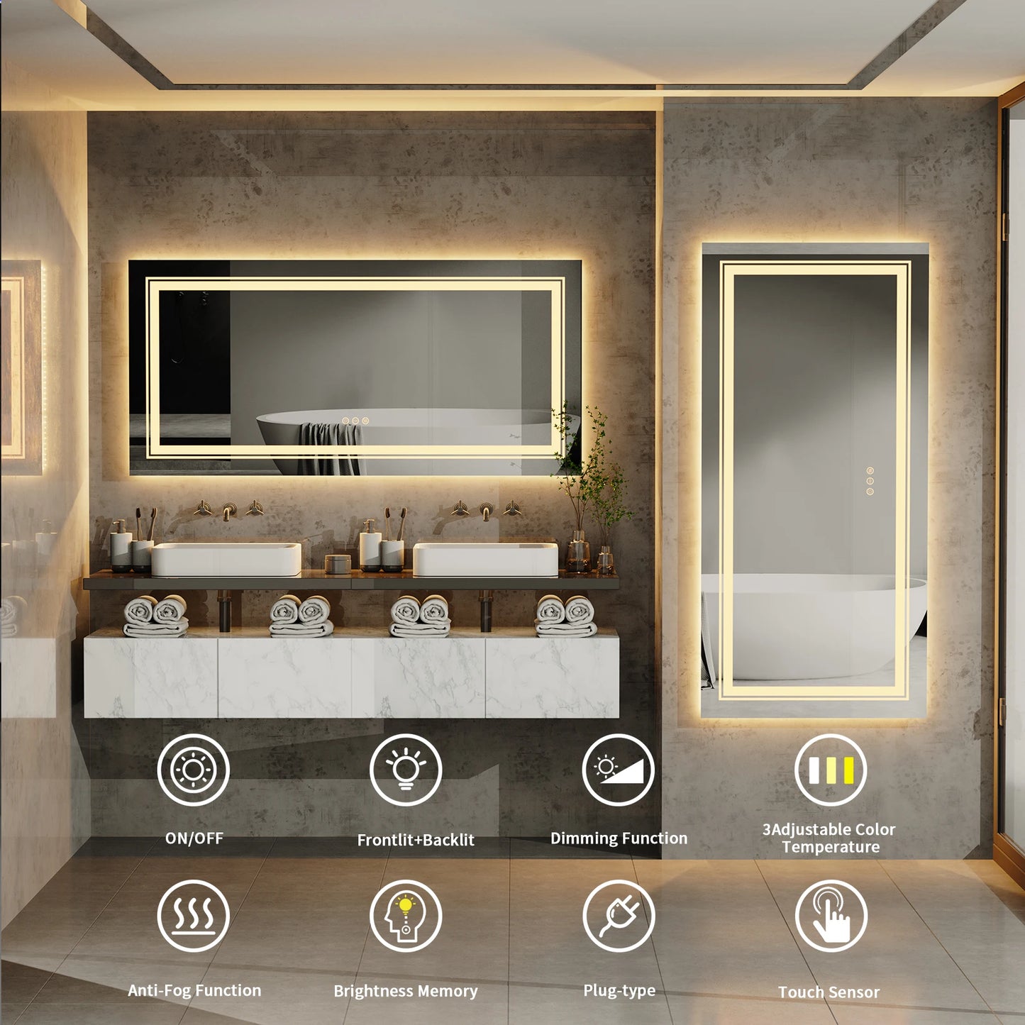 48"X24" LED Bathroom Mirror with Lights, Anti-Fog, Dimmable, Backlit + Front Lit, Lighted Bathroom Vanity Mirror Memory