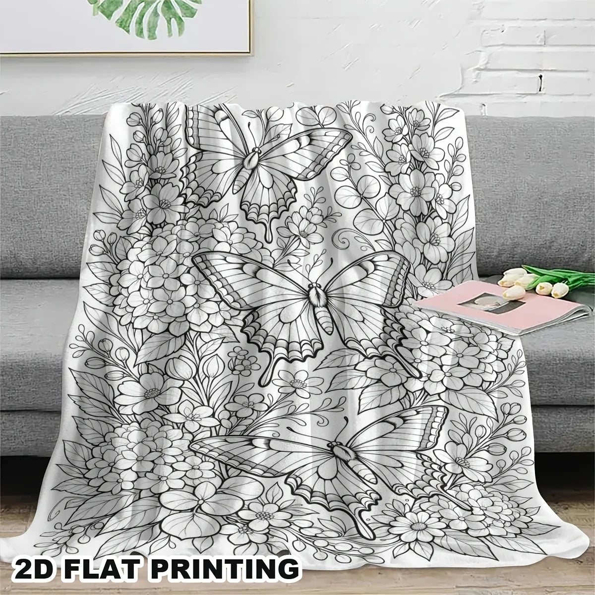 Adult Coloring Butterfly Floral Flannel Blanket, Soft Skin-Friendly Throw for Bedroom Nap, Creative DIY Stress-Relief Gift