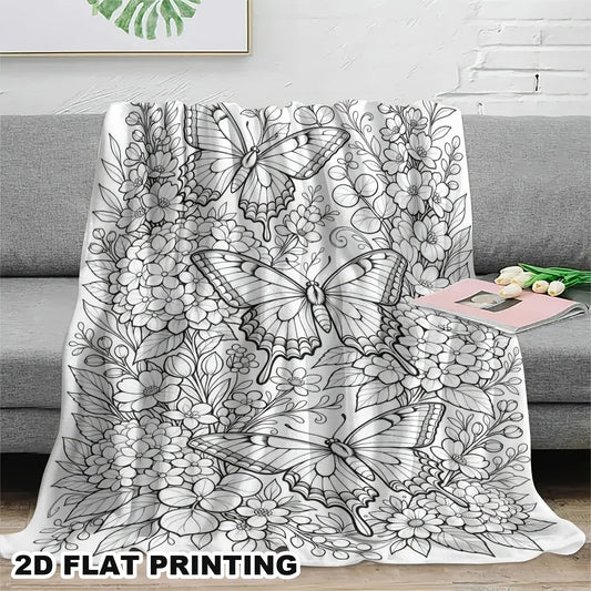 Butterfly Floral Coloring Fleece Throw Blanket. Soft Black & White Plush Blanket for Adults, Teens & Relaxation