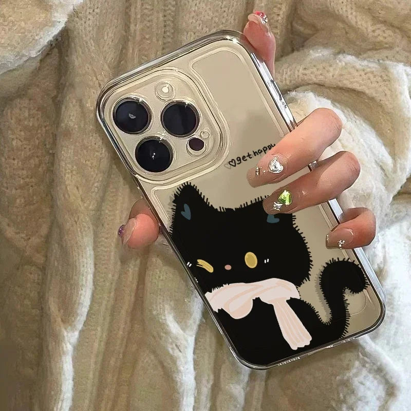 Cute Black & White Cat Couple iPhone Case . Matching Cartoon Cat Design, Aesthetic Protective Cover