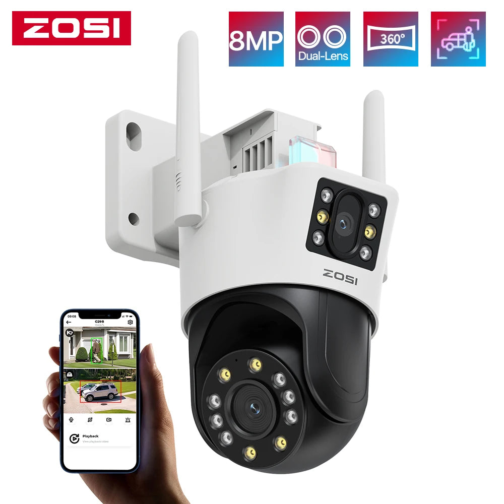 Dual-Lens Wi-Fi PTZ Security Camera | 8MP/4MP Outdoor Surveillance Camera